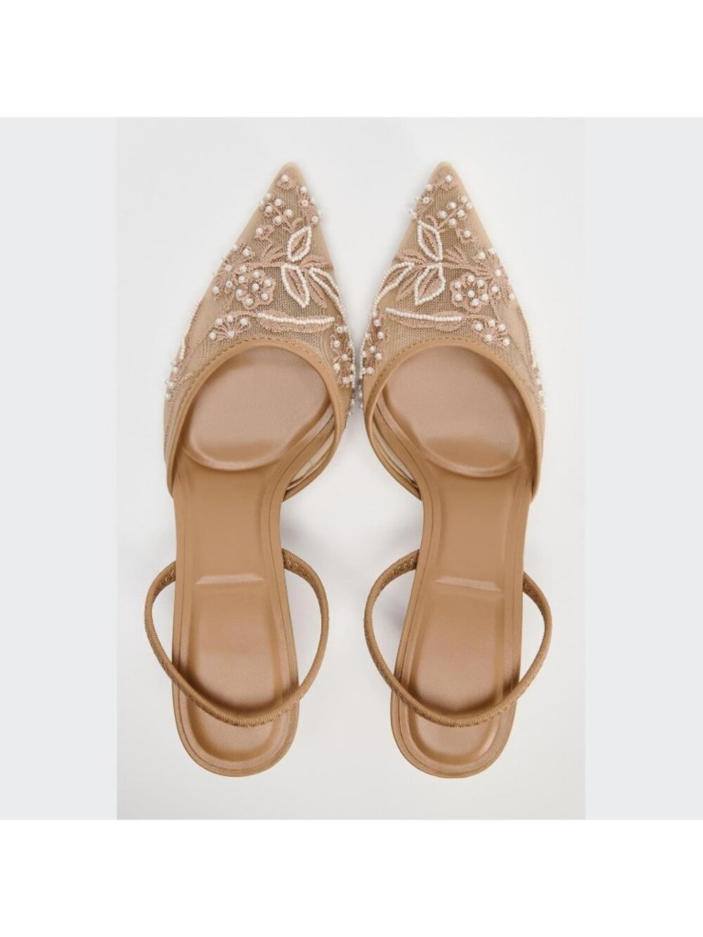 Women's Floral Embroidered Brown Slingback Heels with Pearl Studded Pointed Toe - Picture 5 of 6